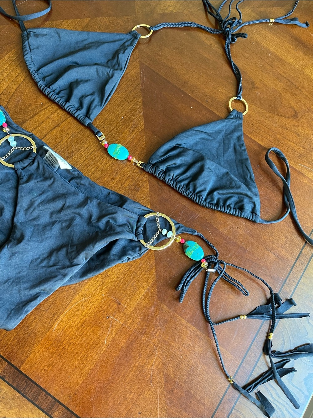 BEACH BUNNY bikini Black Triangle Bikini Set with Turquoise Accents size XL set - Picture 6 of 14